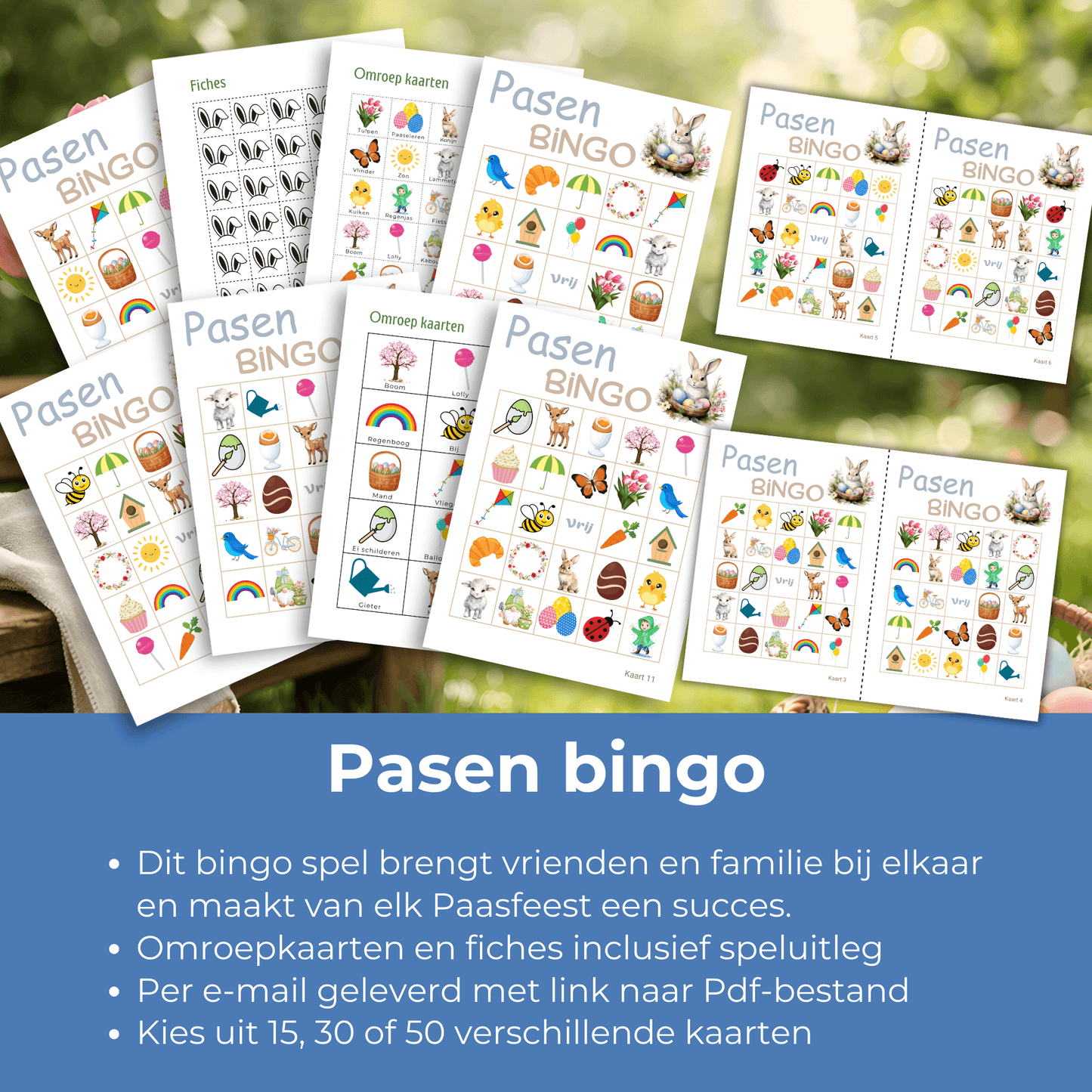 Paas bingo kaarten in een vrolijk Paas thema, ideaal voor de Paasbrunch, tot 50 kaarten.