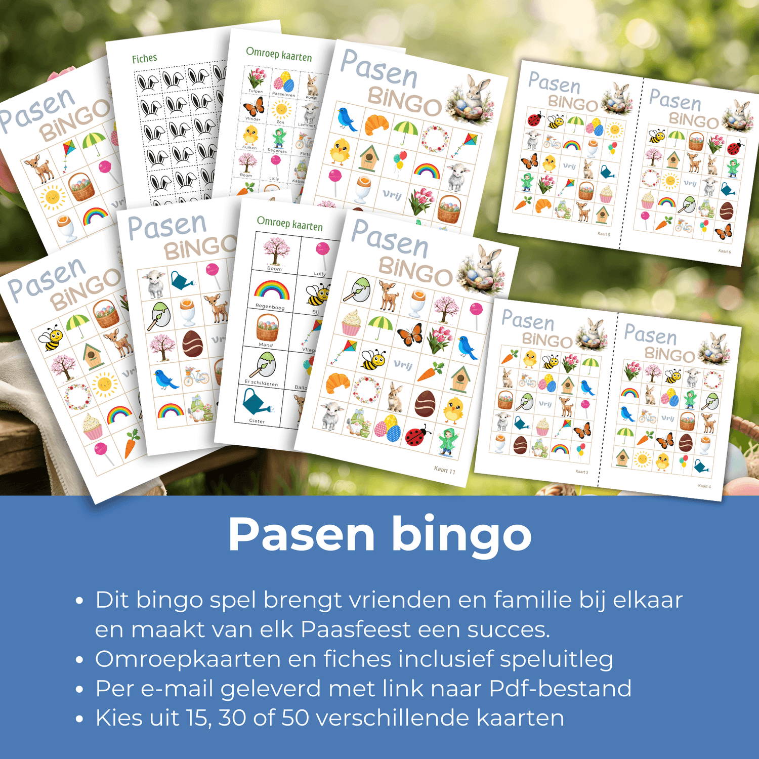 Paas bingo kaarten in een vrolijk Paas thema, ideaal voor de Paasbrunch, tot 50 kaarten.