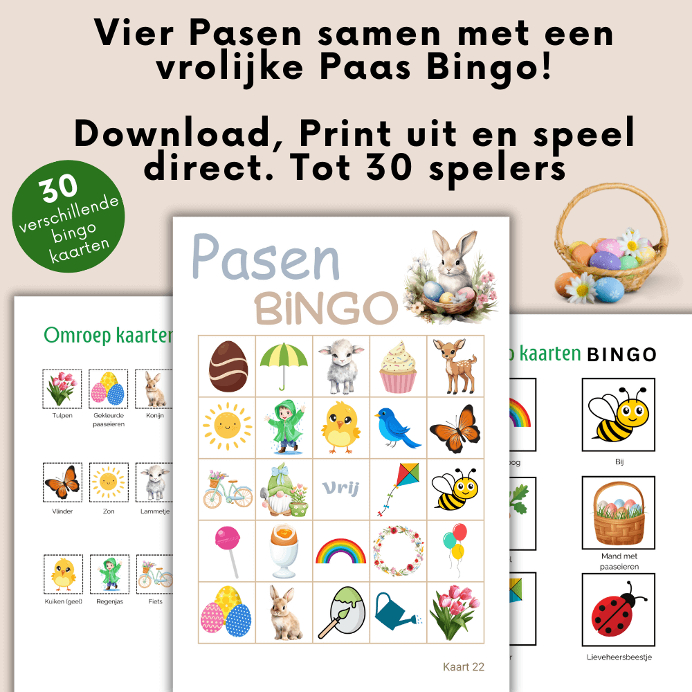 Download de Paas bingo PDF en start meteen met spelen, 30 deelnemers.