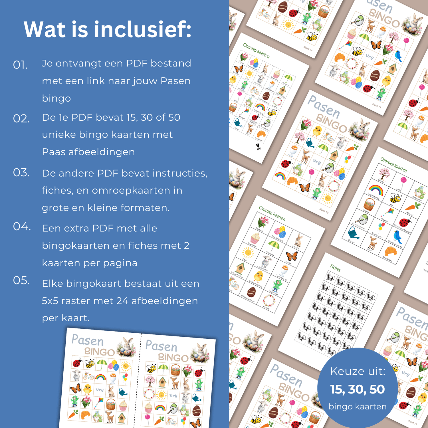 Speel Paas bingo met 15, 30 of 50 kaarten tijdens een feestelijk Paas ontbijt of paas brunch.
