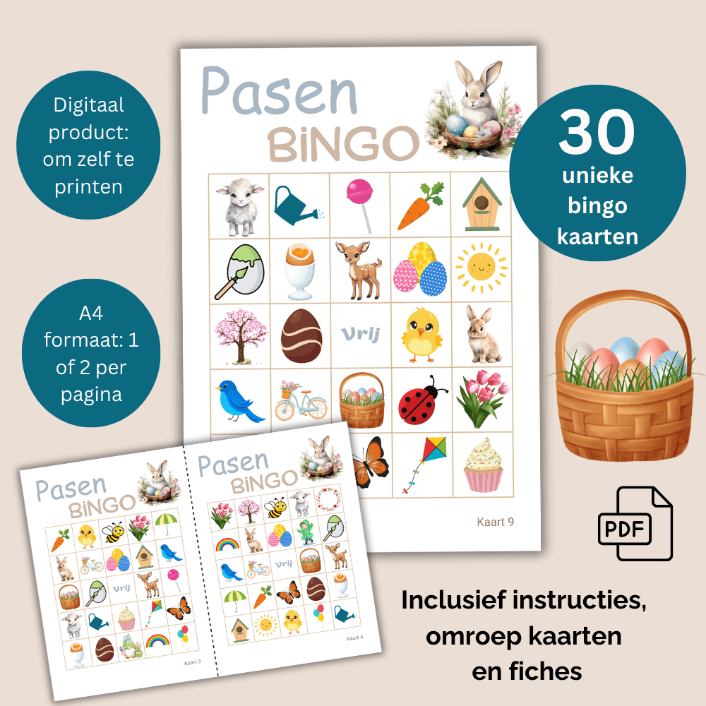 Speel Paas bingo met 30 kaarten tijdens een feestelijk Paas ontbijt of paas brunch.