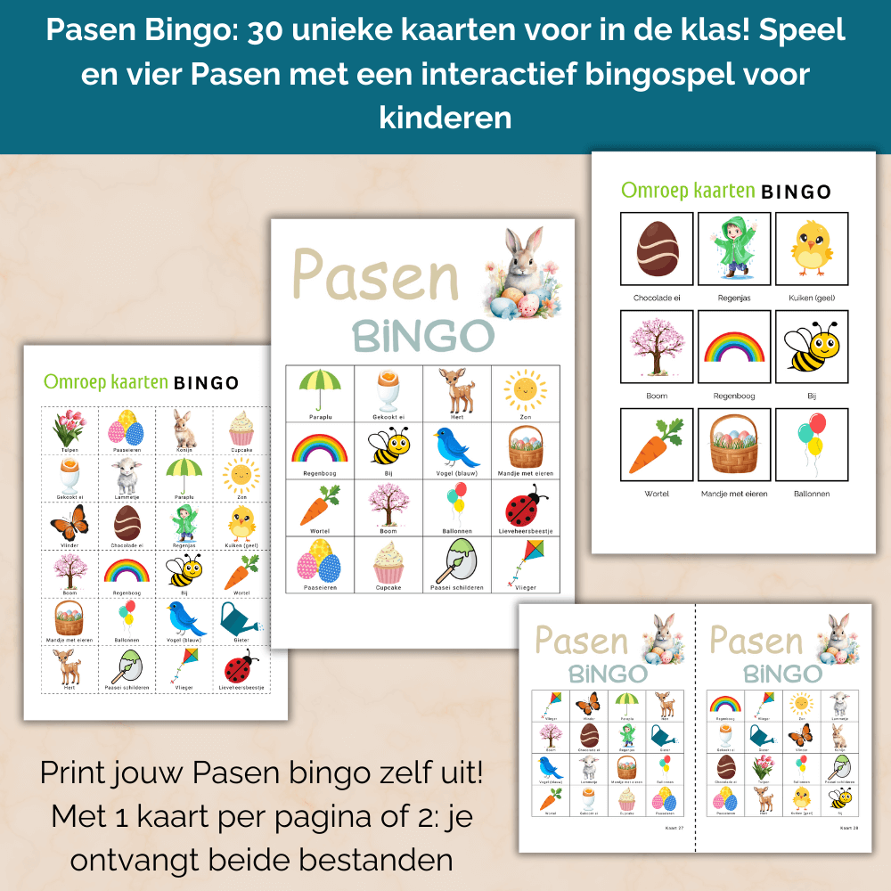Paasbingo voor de klas – leuke paasactiviteiten basisschool, 30 kinder bingo kaarten