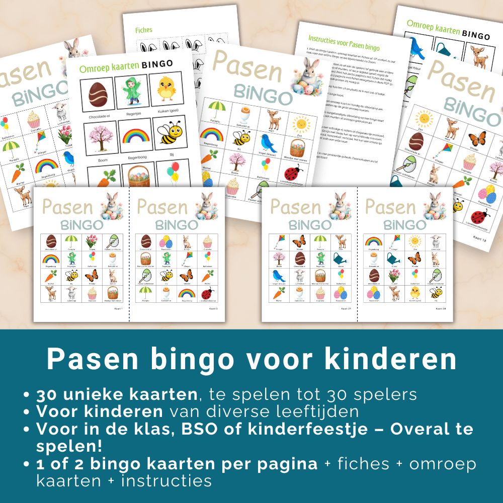 Print en speel deze paasbingo – ideaal voor scholen en klassen, tot 30 spelers