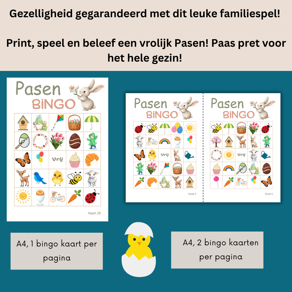 Paasbingo kaarten met vrolijke afbeeldingen in een echt Paas thema.