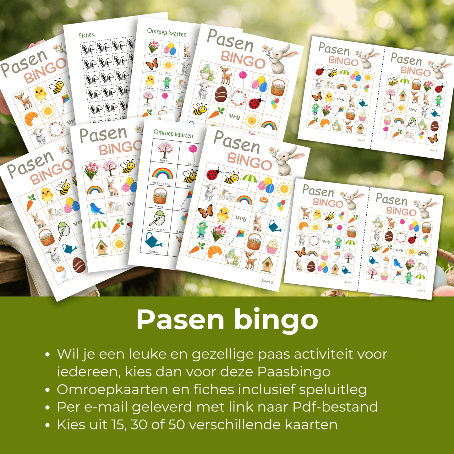Paasbingo kaarten met vrolijke afbeeldingen in een echt Paas thema.