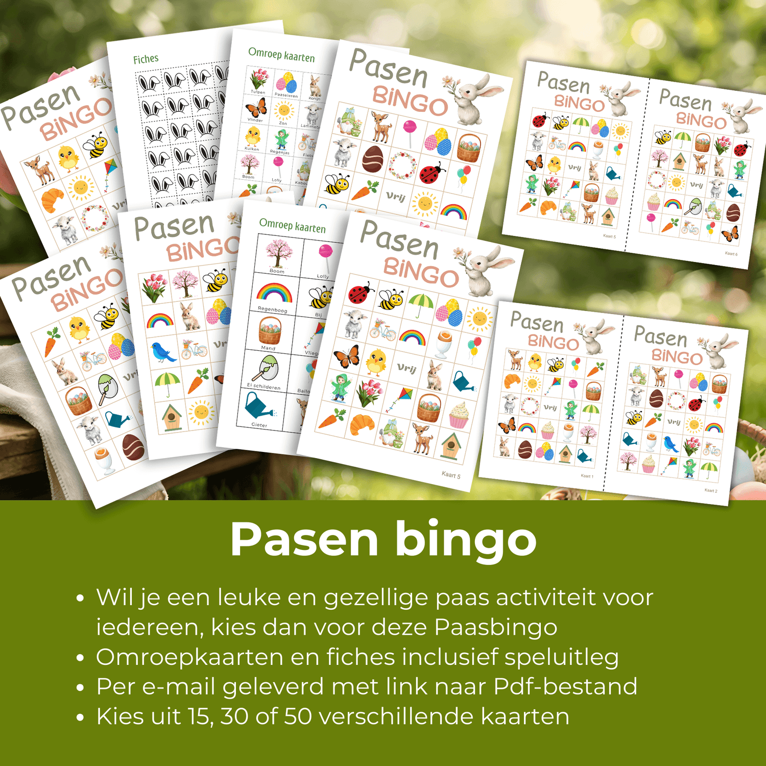 Paasbingo kaarten met vrolijke afbeeldingen in een echt Paas thema.