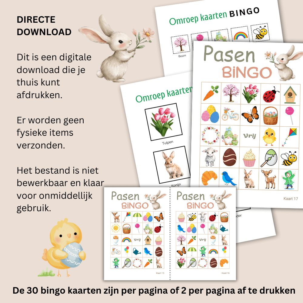 Vrolijk Paasbingo spel voor het hele gezin, perfect voor een gezellige Pasen.