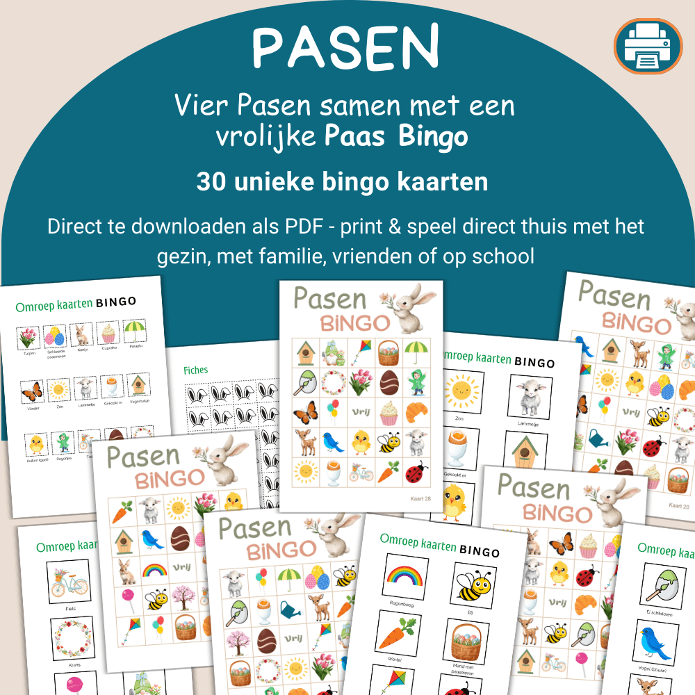Paasbingo PDF als leuke gezinsactiviteit tijdens Pasen, met 30 kaarten.