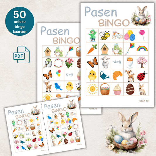 Paasfeest bingo spel, perfect voor collega’s, vrienden en familie, 50 unieke kaarten.