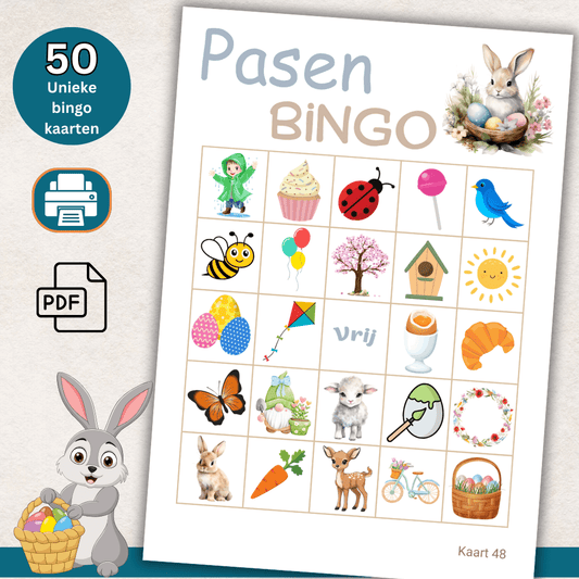Paasfeest bingo PDF download, eenvoudig printen en spelen met 50 kaarten.
