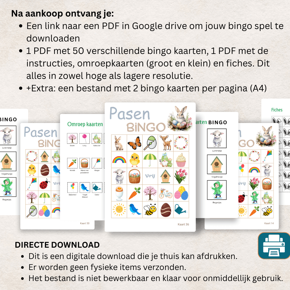 Gezellig bingo spel voor een vrolijk Pasen, geschikt voor een grote groep tot 50 personen.