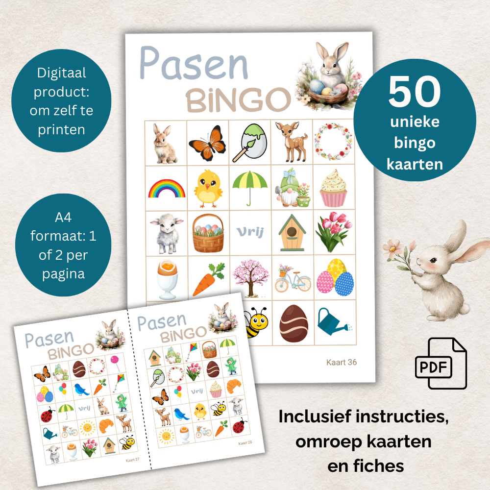 Paasfeest bingo pdf uit te printen spel, direct te downloaden en te printen.