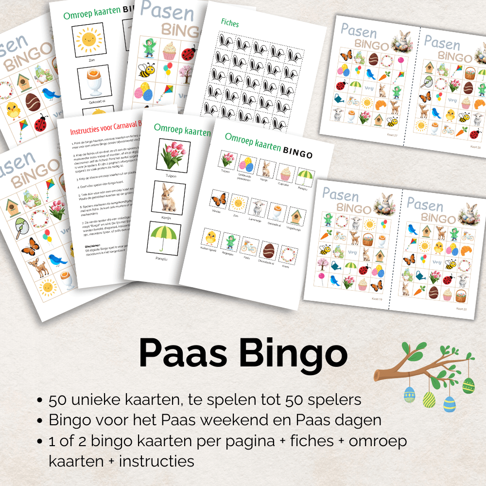 Paasfeest activiteit met 50 bingo kaarten voor een paasbrunch.