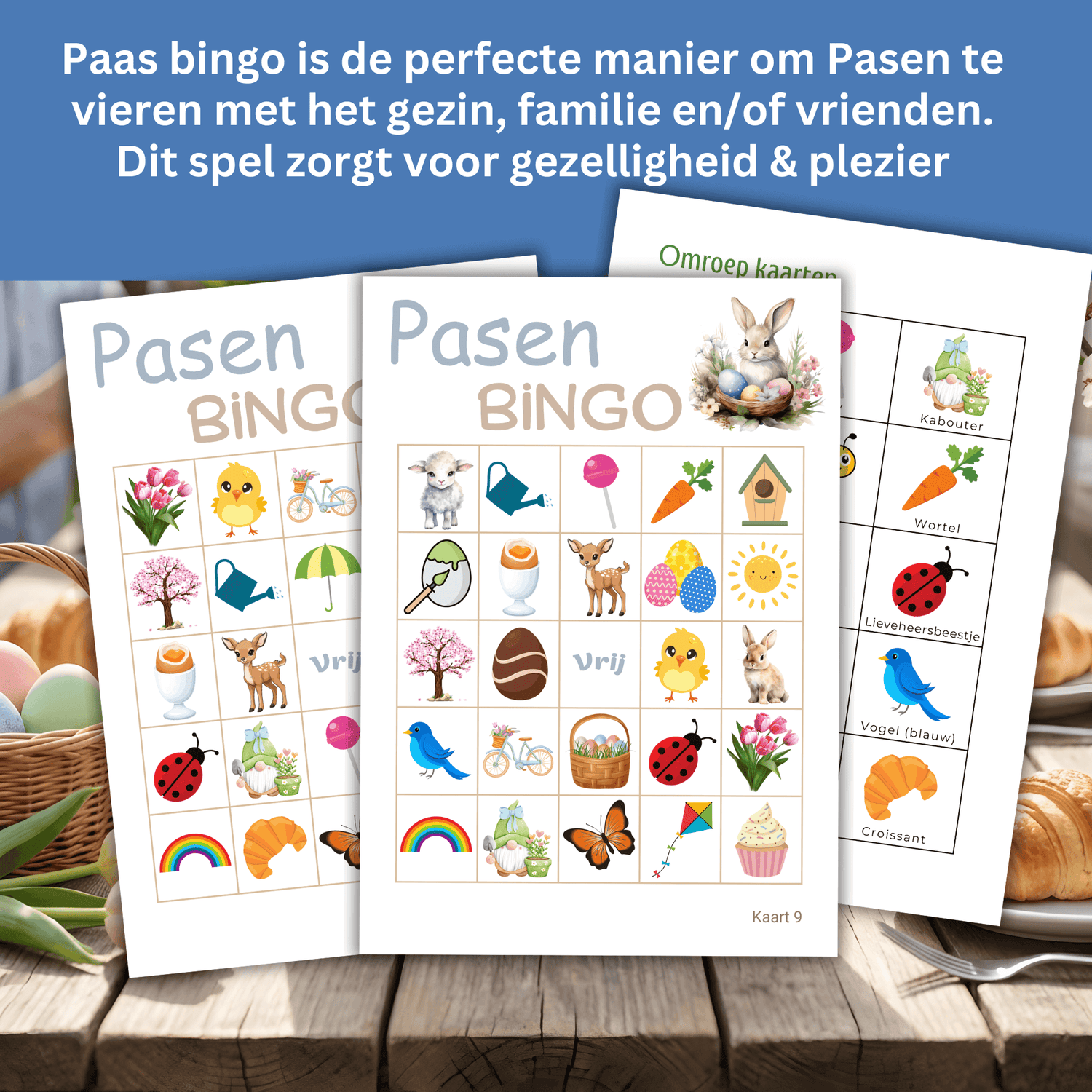Paas bingo PDF met vrolijke afbeeldingen en 15, 30 of 50 unieke speelkaarten.