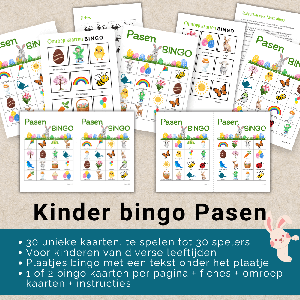 Pasen spelletjes voor kinderen : uit te printen digitale bingo, 30 unieke kaarten