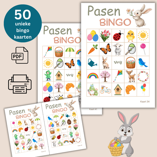 Pasen bingo PDF met 50 unieke bingo kaarten om direct te printen en spelen.