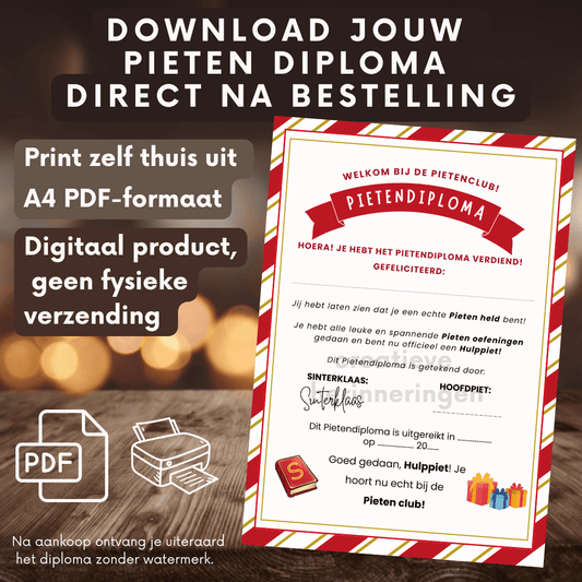 Pieten diploma om zelf te downloaden en te printen. Leuk voor alle kinderen, peuters en kleuters
