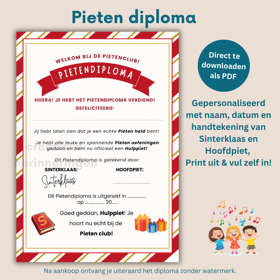 Gebruik het Pieten diploma thuis voor de hulppieten, op school of tijdens een Sinterklaasviering op een vereniging
