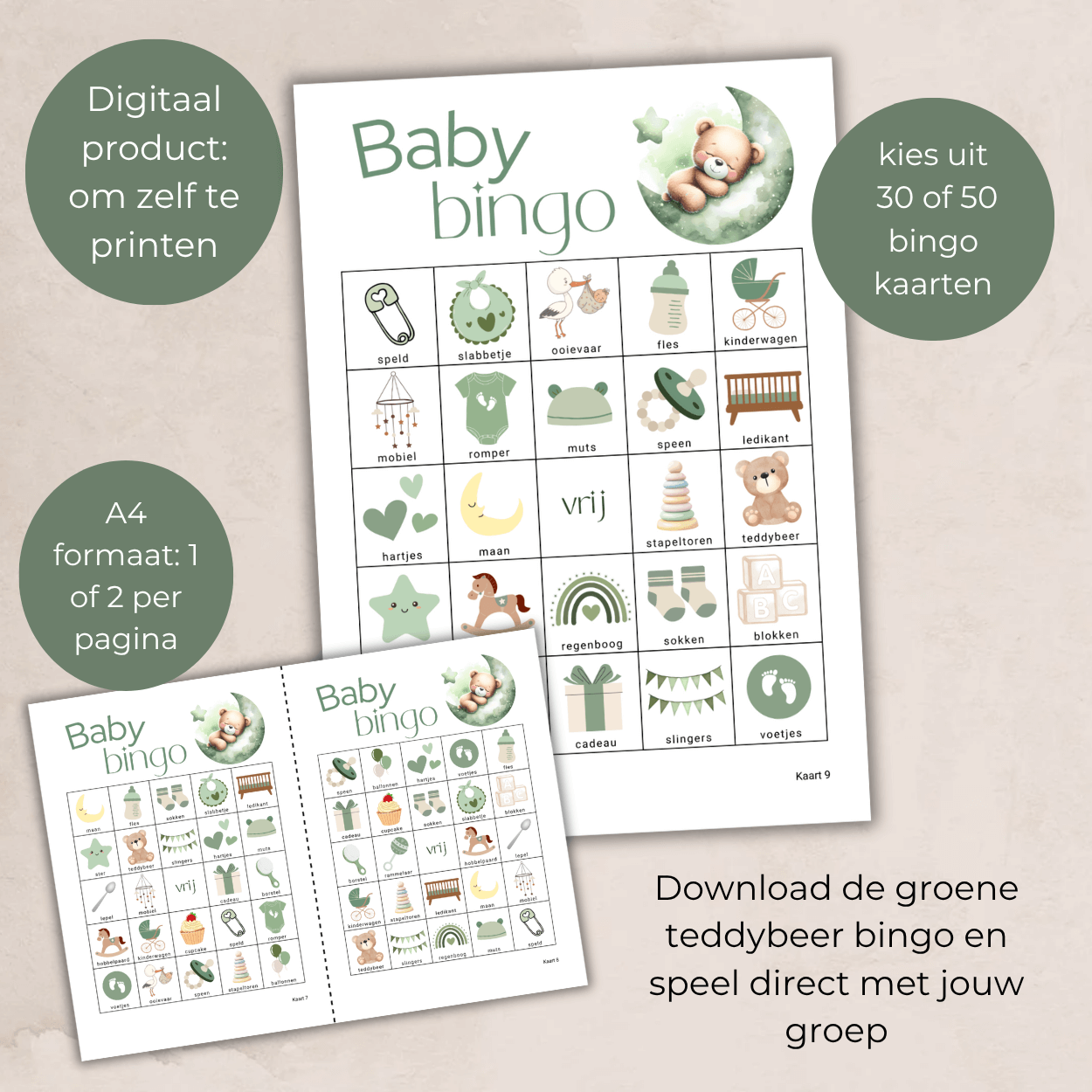 Groene digitale babyshower activiteit teddybeer, download en print eenvoudig thuis, speel bingo
