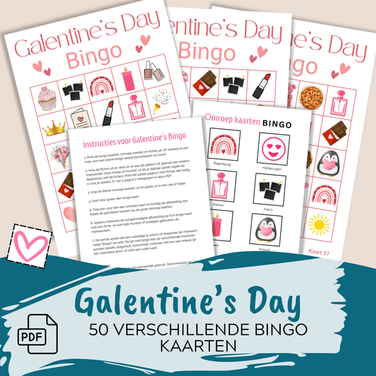 Galentine bingo: download en print PDF met 50 unieke bingo kaarten