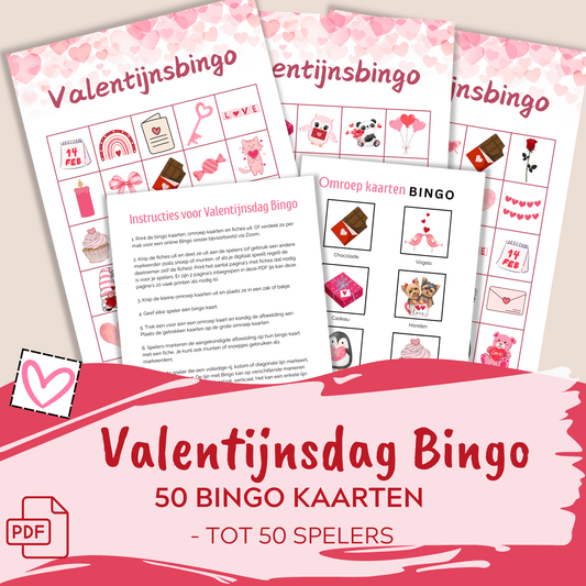Valentijnsbingo: Activiteit voor ouderen, kinderen, gezinnen, download de printbare PDF voor groepen tot 50 personen