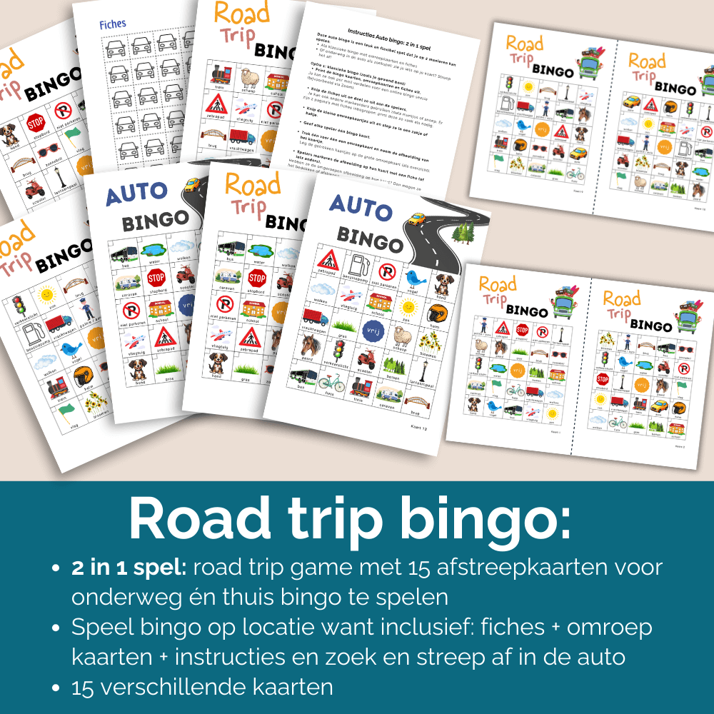Zoek en streep af tijdens je road trip game avontuur met 15 verschillende kaarten. Ook om thuis bingo spelen