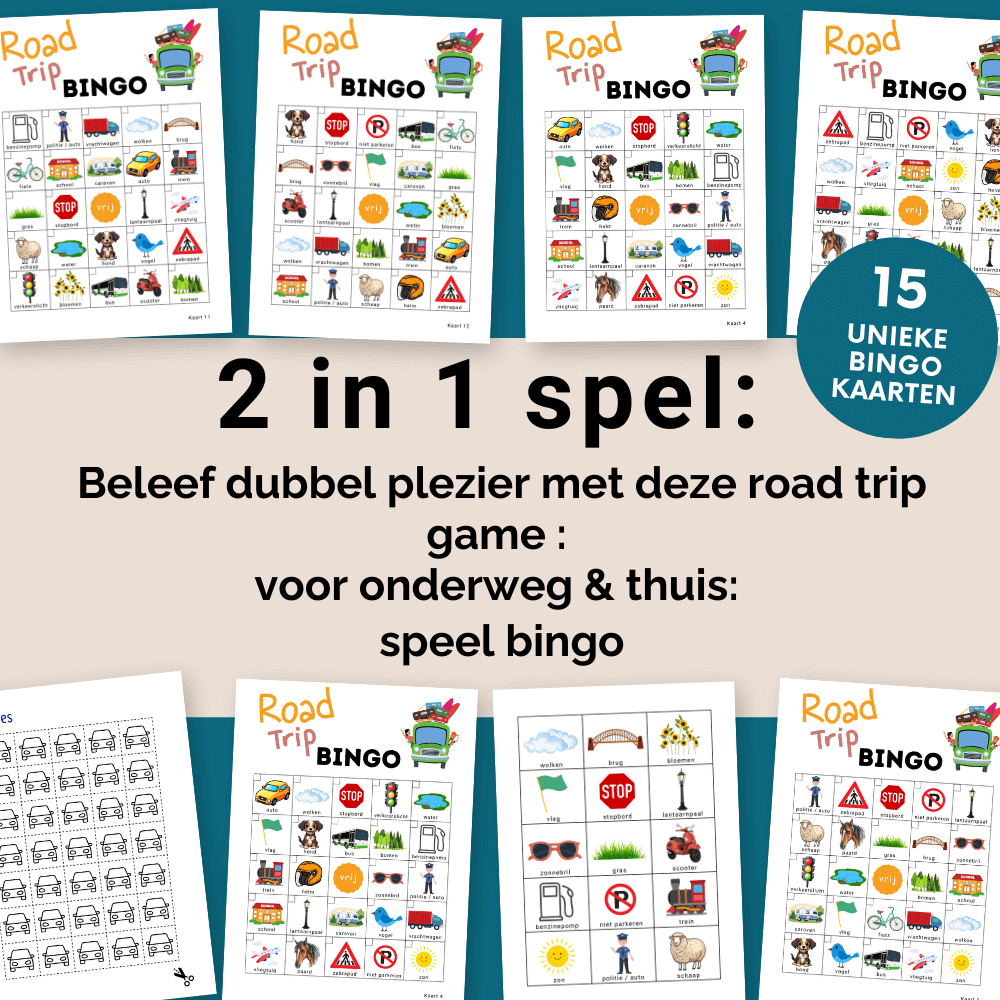 Road trip bingo game met 15 verschillende kaarten, 2 in 1 spel voor thuis en onderweg