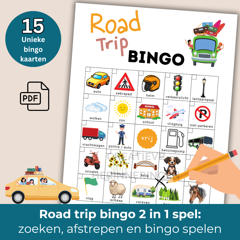 Road trip game met 15 bingo kaarten voor onderweg en thuis