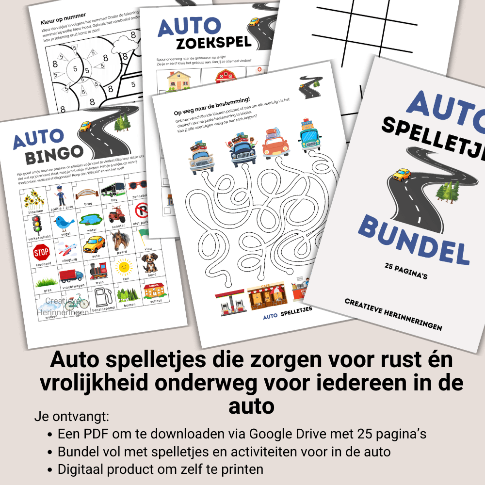 Bundel met 25 pagina’s met afwisselende auto spelletjes voor lange ritten