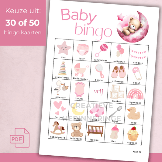 Roze babyshower bingo in teddybeer thema voor meisje, uit te printen PDF-bestand