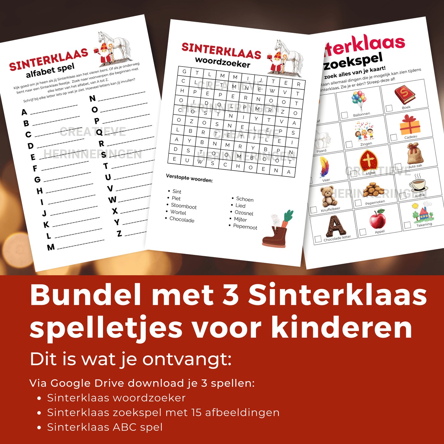 Set van 3 Sinterklaas spellen: woordzoeker, ABC spel en zoekspel