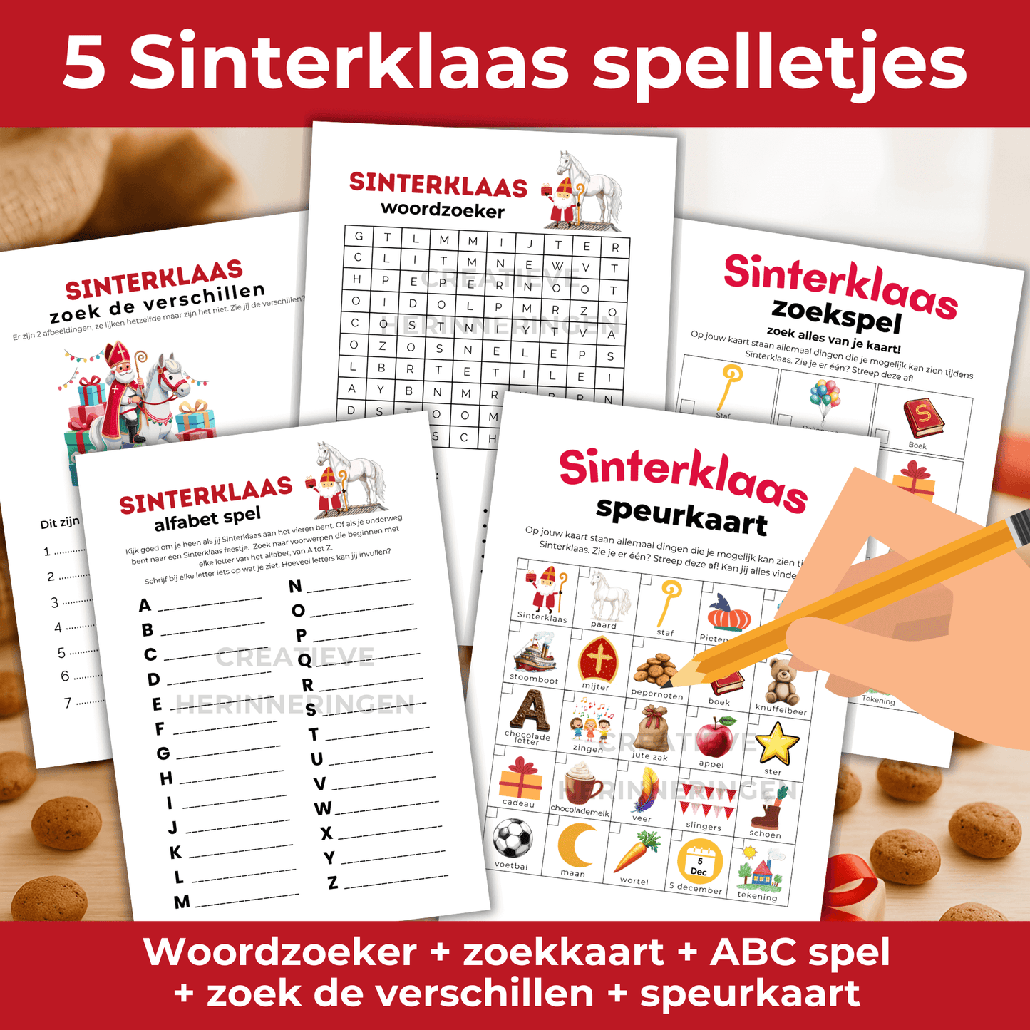 Set van 5 spellen met Sinterklaas thema in PDF-formaat