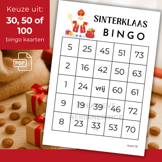 Cijfer bingo spel in Sinterklaas spelletje voor volwassenen, met keuze uit 30, 50 of 100 speelkaarten