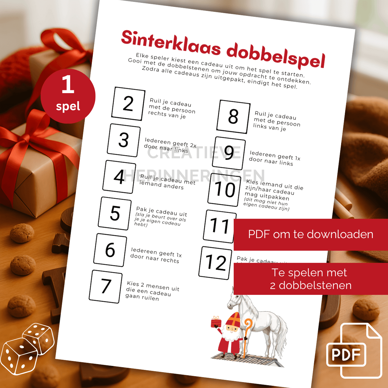 Sinterklaas dobbelspel voor cadeautjes te verdelen op A4-formaat