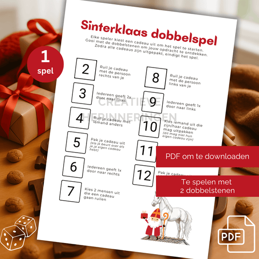 Sinterklaas dobbelspel voor cadeautjes te verdelen op A4-formaat