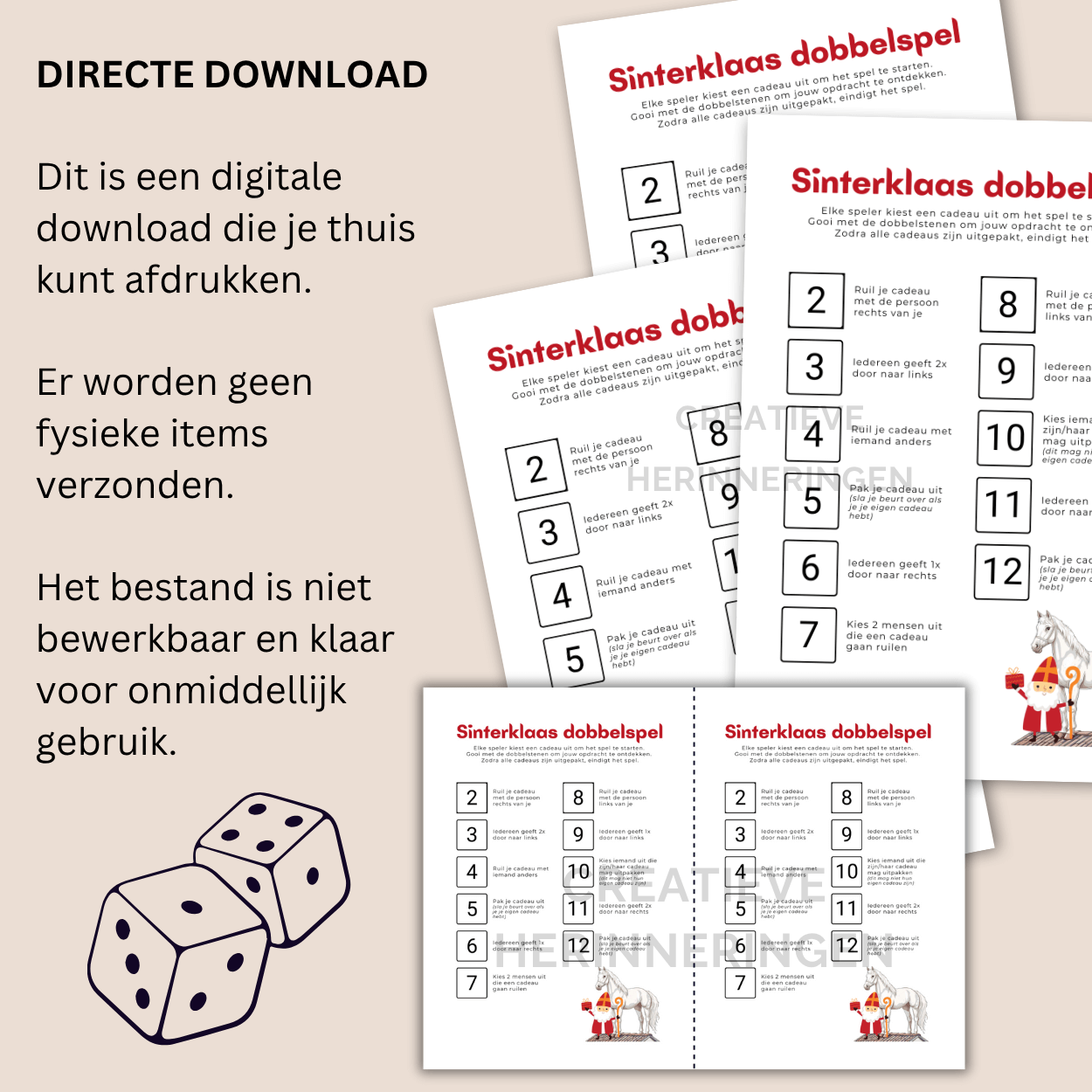 Sinterklaas dobbelspel om cadeaus te vedelen, leuk spel met 11 opdrachten en 2 dobbelstenen