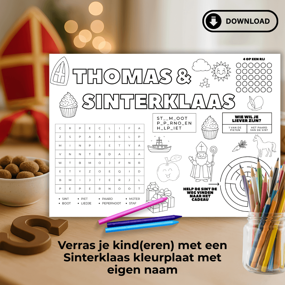 Persoonlijke Sinterklaas kleurplaat placemat met naam en spelletjes