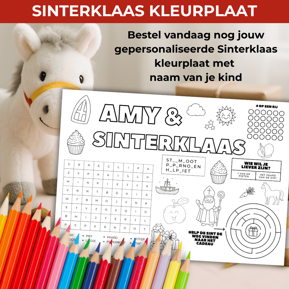 Gepersonaliseerde Sinterklaas kleurplaat met spelletjes en naam van je kind