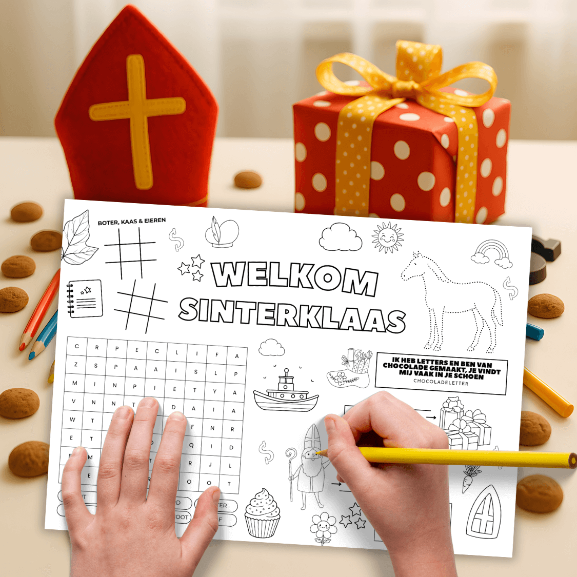 Sinterklaas placemat kleurplaat voor kinderen om te kleuren, spelen en leren