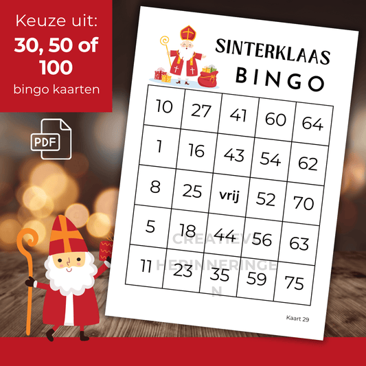 Sinterklaas cijfer bingo met 30, 50 of 100 kaarten om zelf te printen en direct te gebruiken tijdens het Sinterklaasfeest