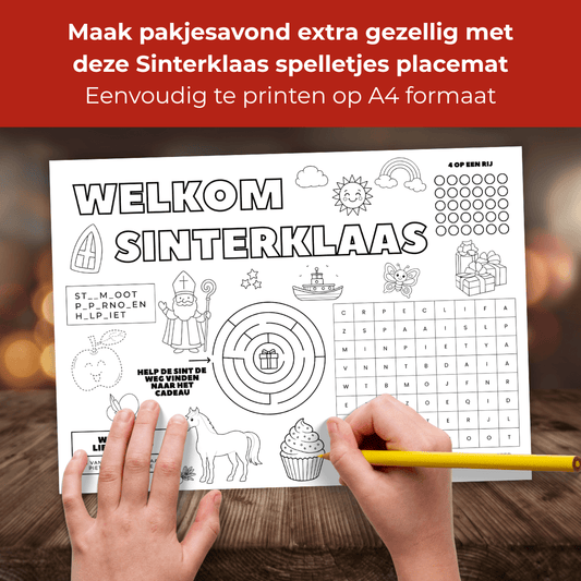 Een Sinterklaas kinder placemat met Sinterklaas spelletjes, puzzels en kleurplaten