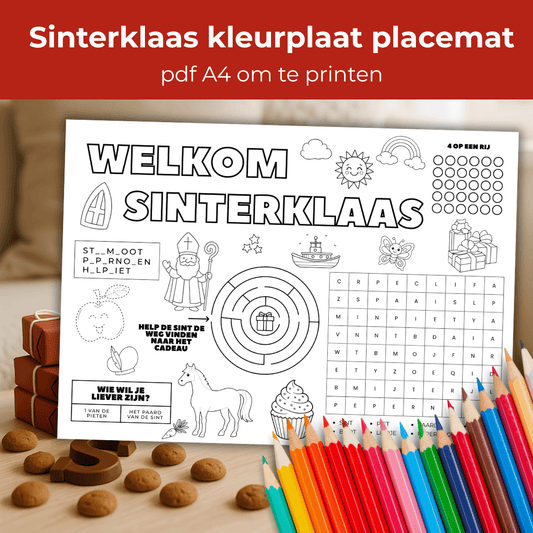 Sinterklaas spelletjes placemat voor kinderen met puzzels en tekeningen