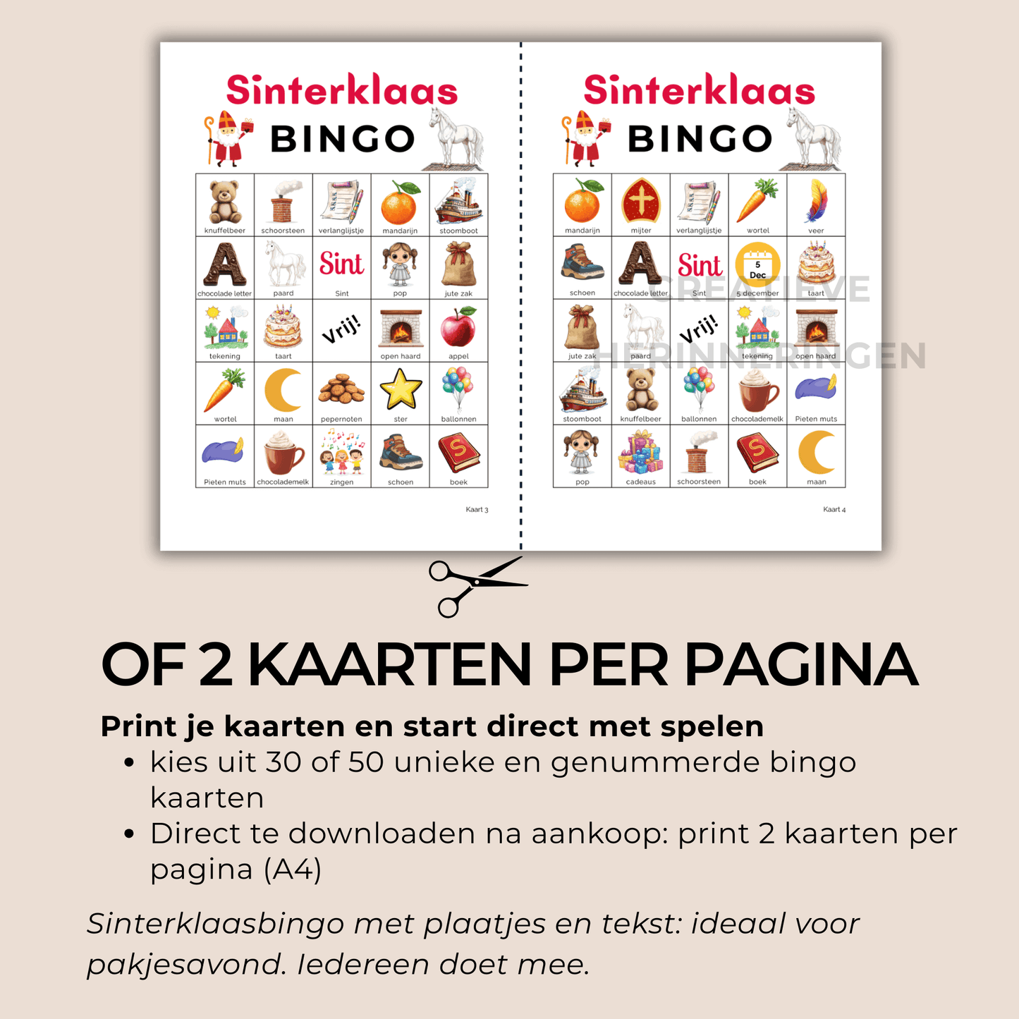 Sinterklaasbingo met tekst onder plaatjes voor een gezellig pakjesavond spel