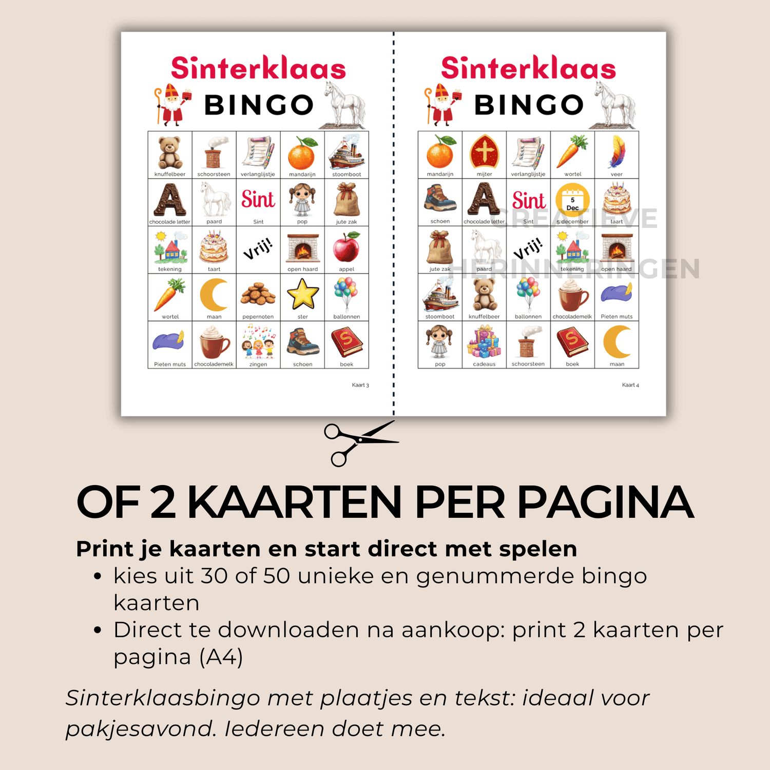 Sinterklaasbingo met tekst onder plaatjes voor een gezellig pakjesavond spel