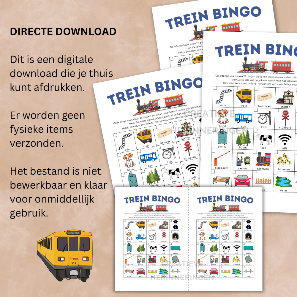 Speelkaart voor trein bingo onderweg, leuk en leerzaam voor kinderen in trein