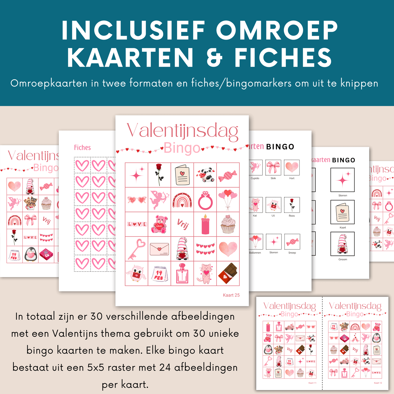 Valentijnsbingo spel vol kleurrijke illustraties en liefde  