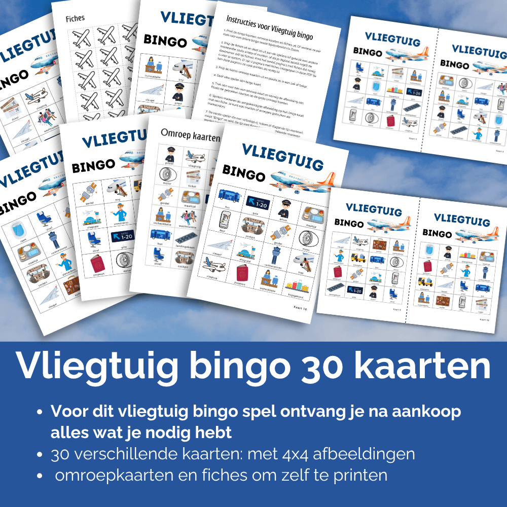 Direct te printen vliegtuigspel met 30 bingo kaarten