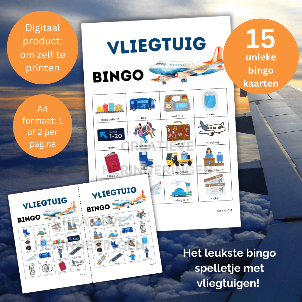 Uit te printen vliegtuig spelletje met bingo kaarten – 15 spelers
