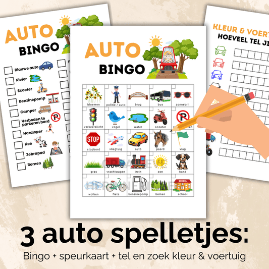 Spelletjes auto voor kinderen met 3 verschillende spelvormen: bingo, zoeken en tellen voor onderweg vermaak