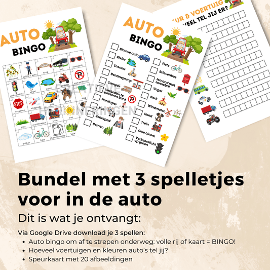 Complete spelletjes auto bundel met autobingo, speurkaart en voertuigenspel voor onderweg met kinderen